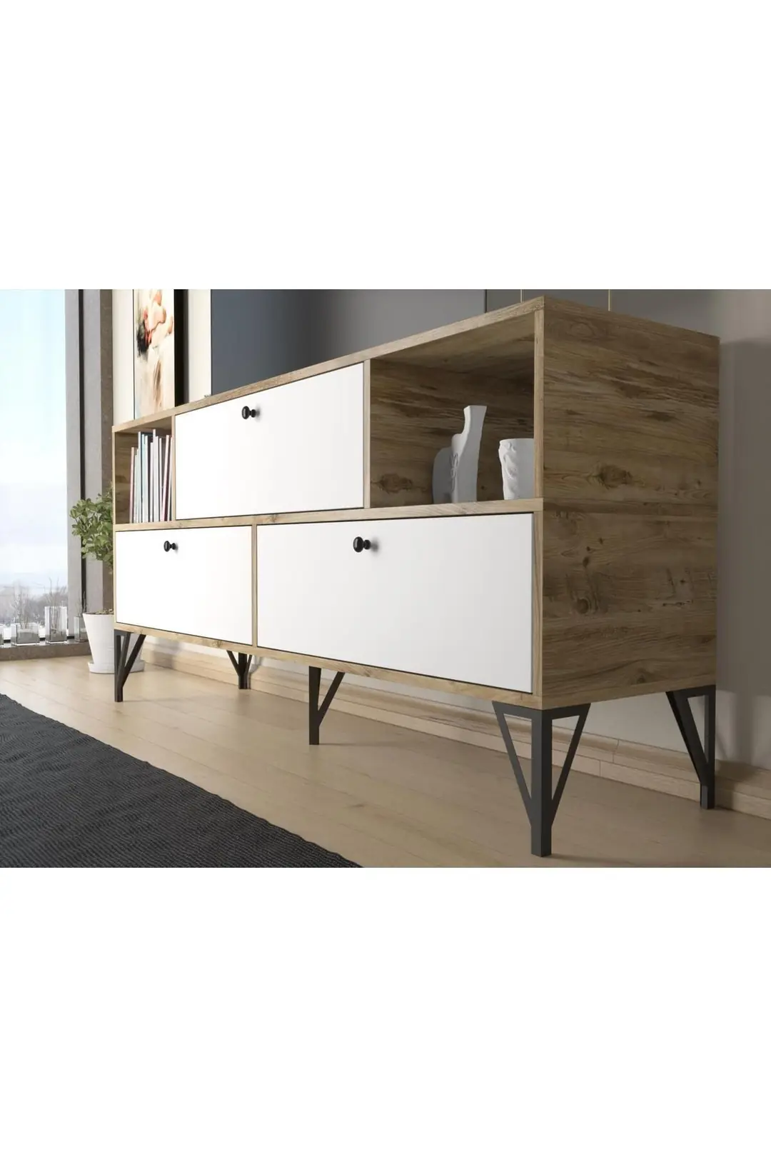 Mia 160 Cm Metal Ayaklı Tv Ünitesi - Konsol - Atlantik Çam - Beyaz / Siyah